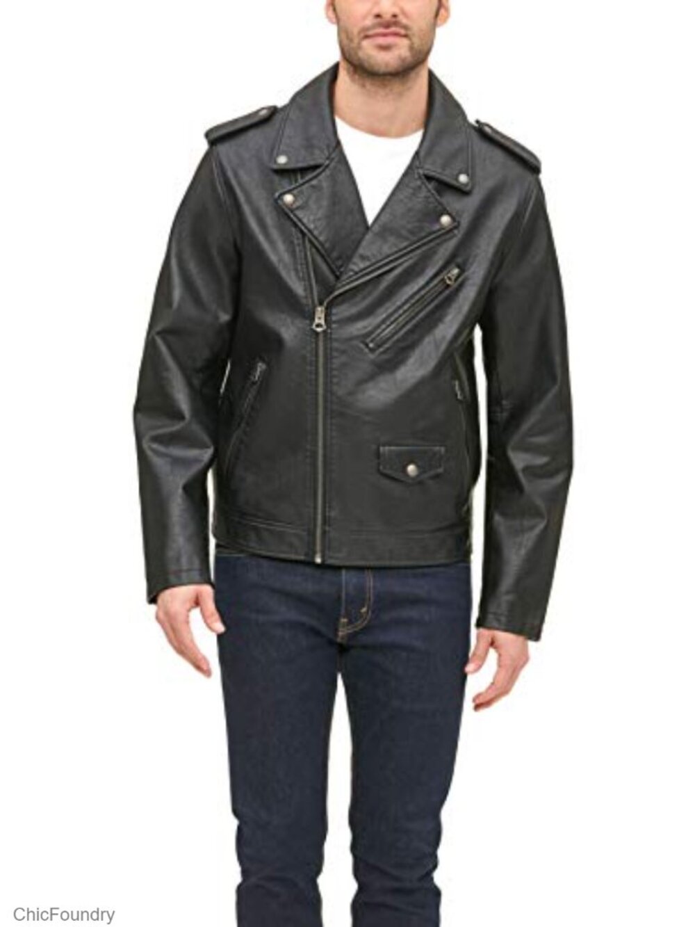Men's Faux Leather Classic Motorcycle Jacket with Zipper Pockets
